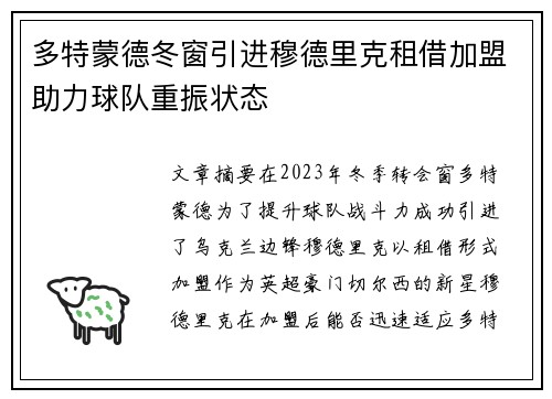 多特蒙德冬窗引进穆德里克租借加盟助力球队重振状态 多特蒙德冬窗引进穆德里克租借加盟助力球队重振状态
